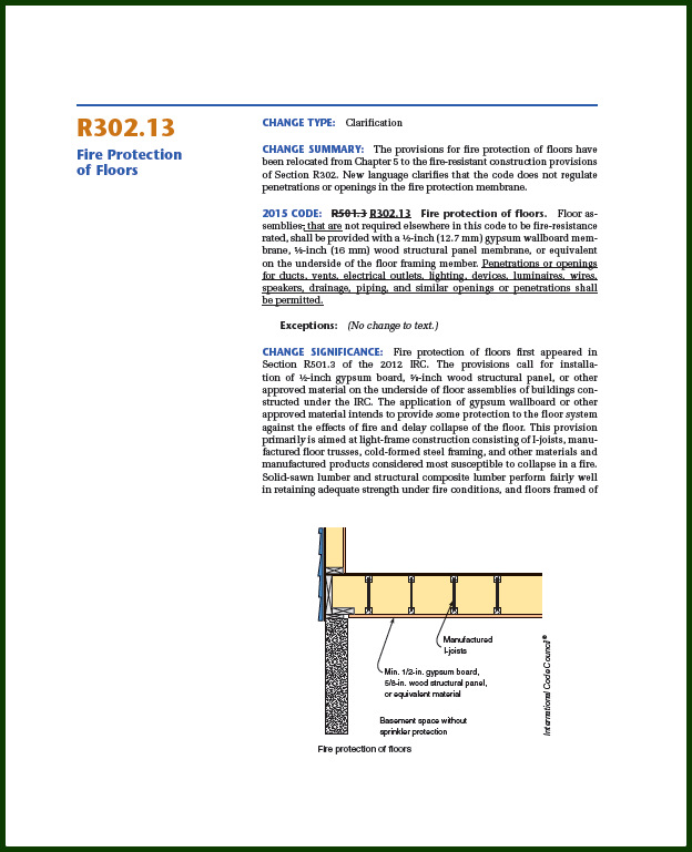 ICC R302.13 Fire Protection of Floors Clarification Change Summary Kuiken Brothers Boise Cascade p 2-43