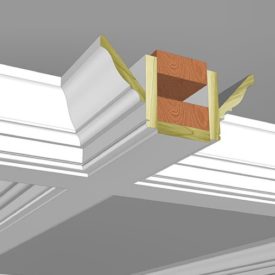 The anatomy of a coffered ceiling. How it all comes together when you pull two moulding profiles from our in-stock selection of over 450 options. This combination is “Coffer 9” and features KB320 crown and KB111 inverted base which gives you a sharp shadow line at the bottom of the beam. You can print off a PDF of the detailed plan for this coffered ceiling from the Moulding Design Guide on our website.